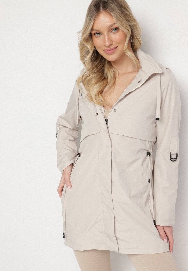 Jasnobeżowa Kurtka Parka z Kapturem Odpinanym w Stylu Utility Janiora