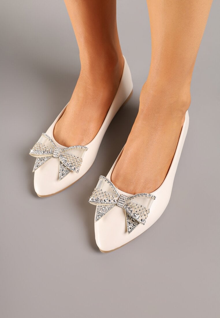 Beżowe Balerinki Ozdobione Cyrkoniową Kokardą Melioria