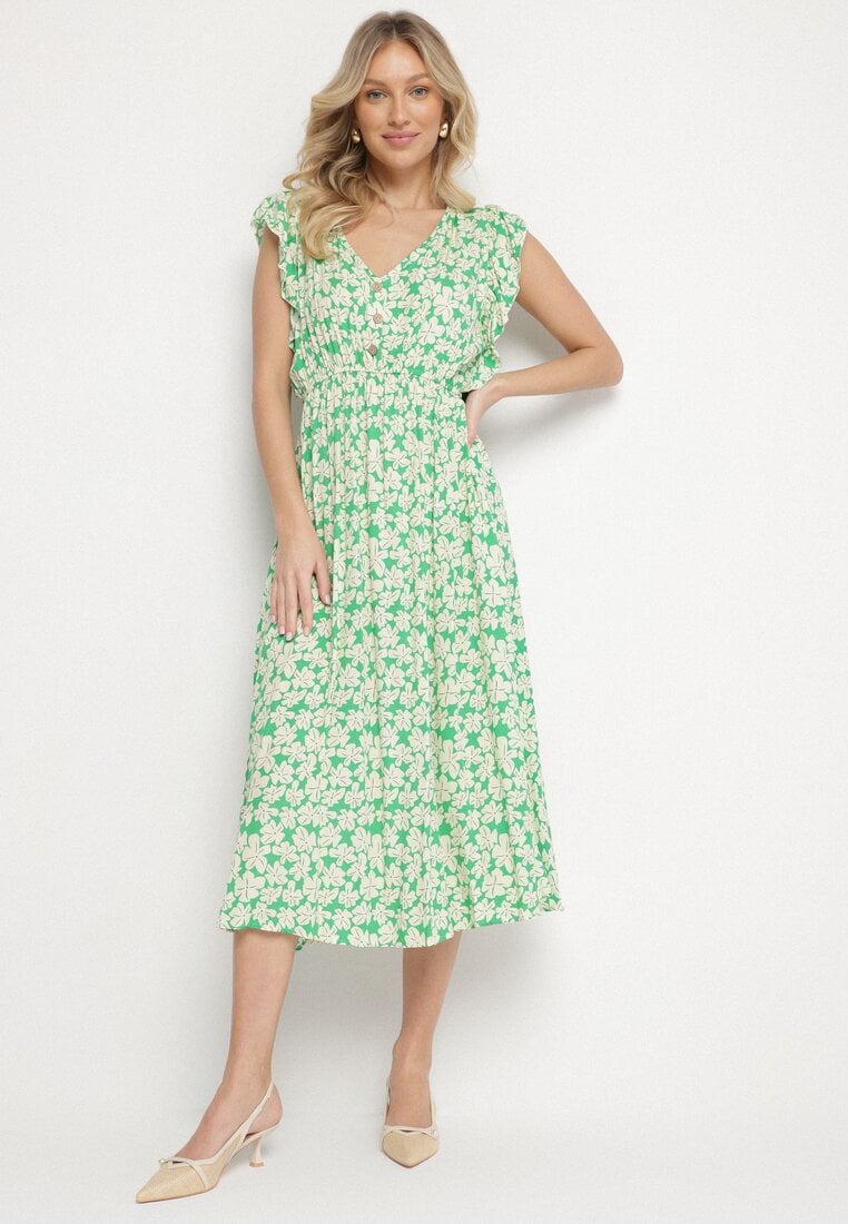 Zielona Bawełniana Sukienka w Kwiatki o Rozkloszowanym Kroju z Gumką Alanilia