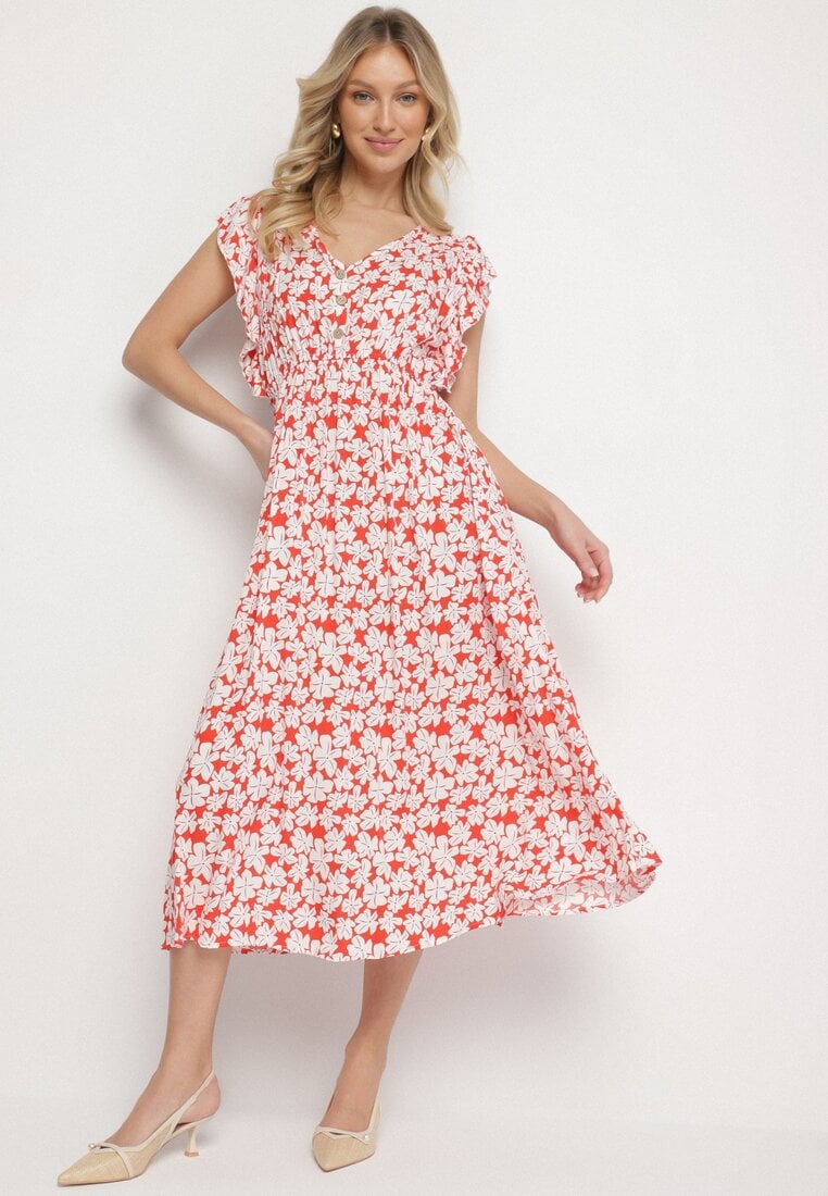 Czerwona Bawełniana Sukienka w Kwiatki o Rozkloszowanym Kroju z Gumką Alanilia