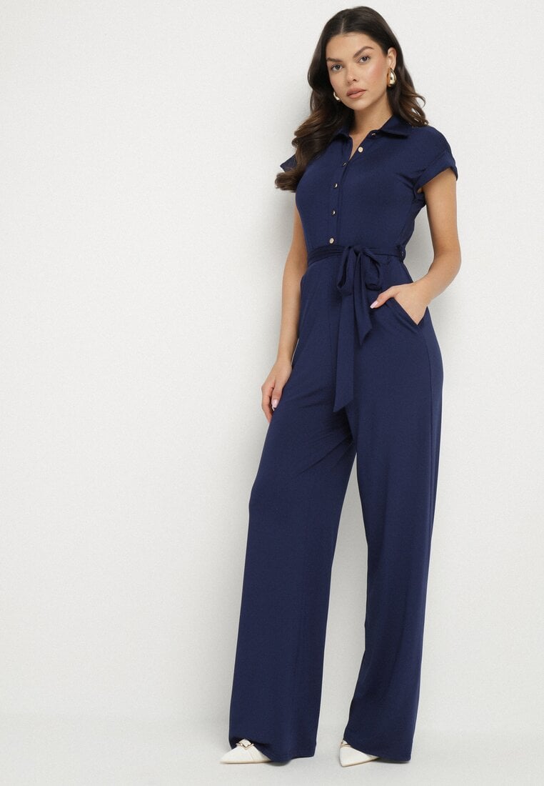 Granatowy Koszulowy Kombinezon z Wiskozą z Krótkim Rękawem i Paskiem Minorita