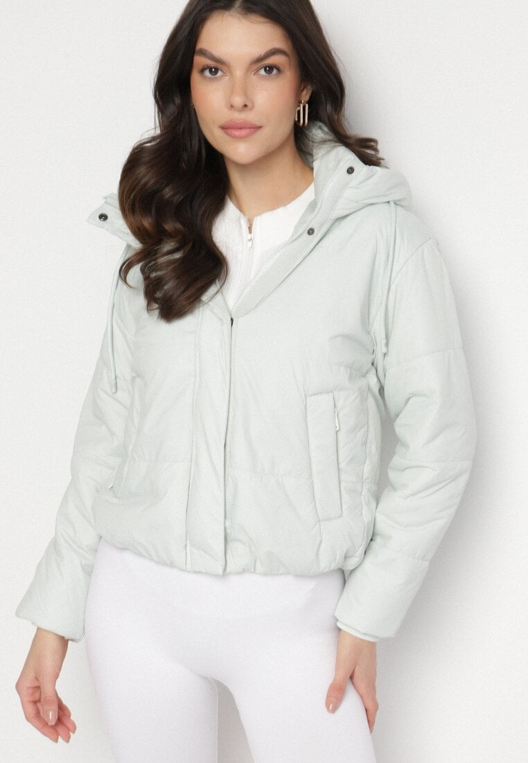 Miętowa Pikowana Kurtka z Kapturem i Lekkim Ociepleniem Ninirila