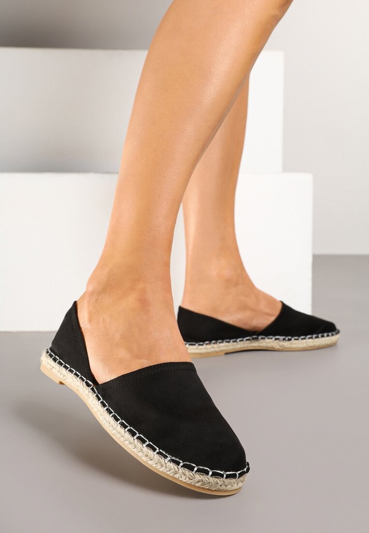 Czarne Espadryle z Plecionką i Wyciętą Cholewką Prommea