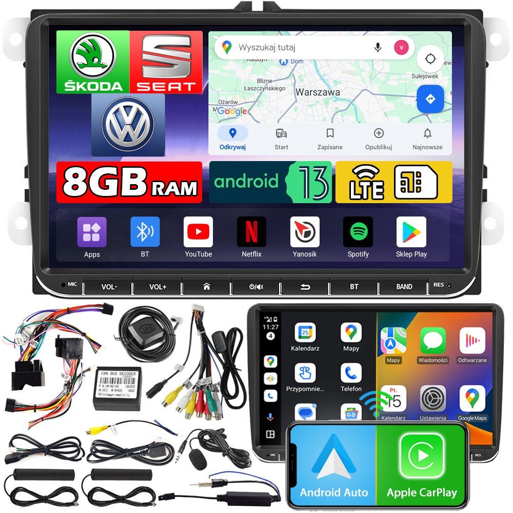 Radio nawigacja do Volkswagen Skoda Seat 2DIN 8GB Bluetooth QLED 9' Android Auto i Apple CarPlay
