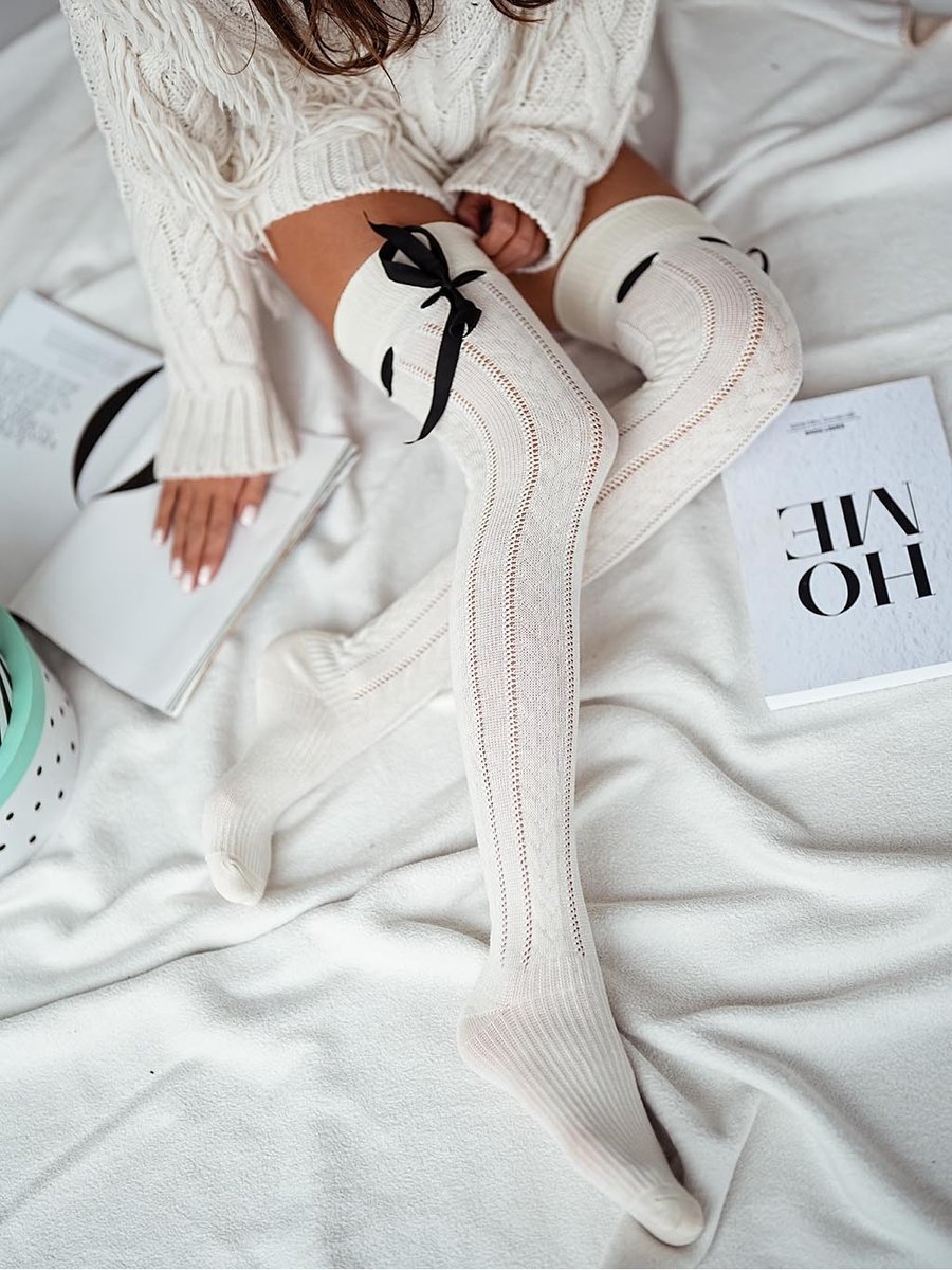 Zakolanówki Bawełniane Ażurowe Warkocz Ze Wstążką-37-41