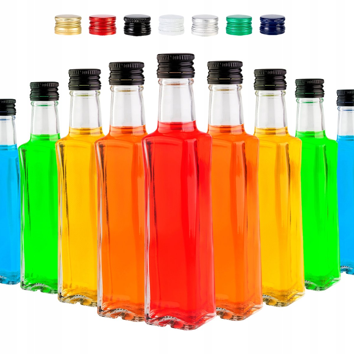 50 szt BUTELKI QUADRA 0,2 L eleganckie z zakrętkami na WODĘ SOKI NALEWKI