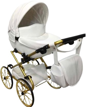 DUŻY WÓZEK GŁĘBOKI RETRO DLA LALEK DARSI EKO SKÓRA BIAŁY ZŁOTY JACKMAR