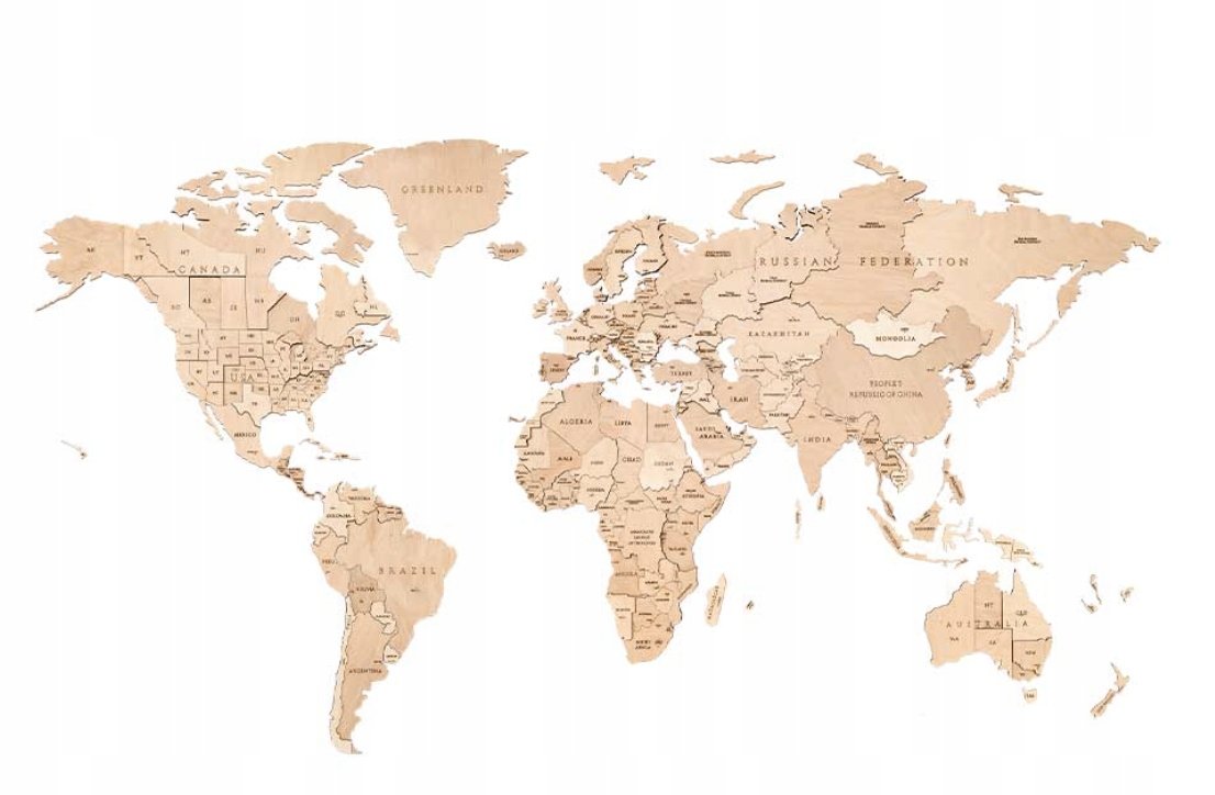 DREWNIANA DUŻA MAPA ŚWIATA PUZZLE 3D NA ŚCIANE L ZESTAW DO ZŁOŻENIA DIY
