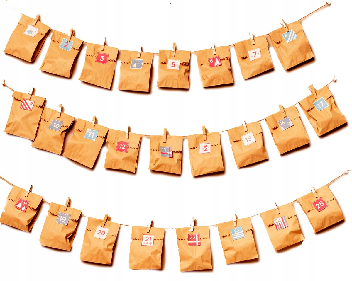 Świąteczne Torebki Eko + Naklejki 25 Szt Kalendarz Adwentowy Wzory