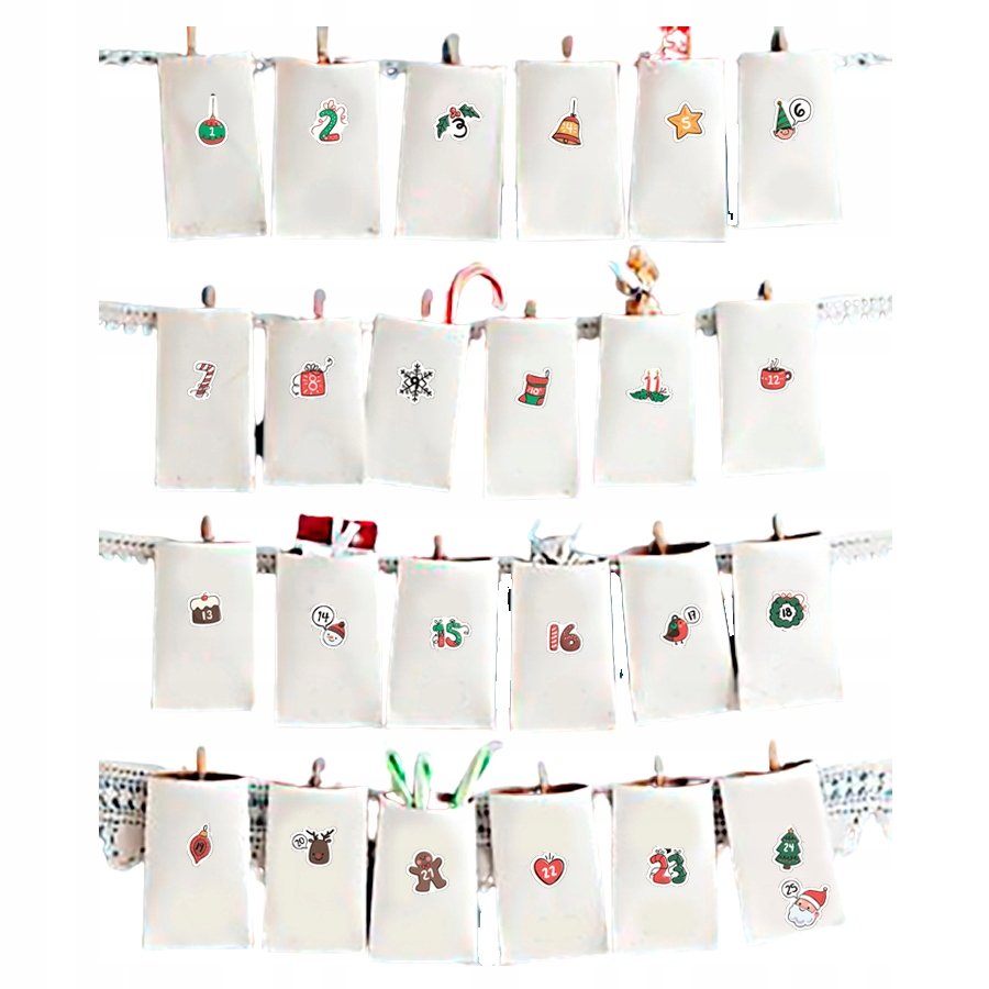 Świąteczne Torebki Eko Naklejki 25 Szt Kalendarz Adwentowy Wzory