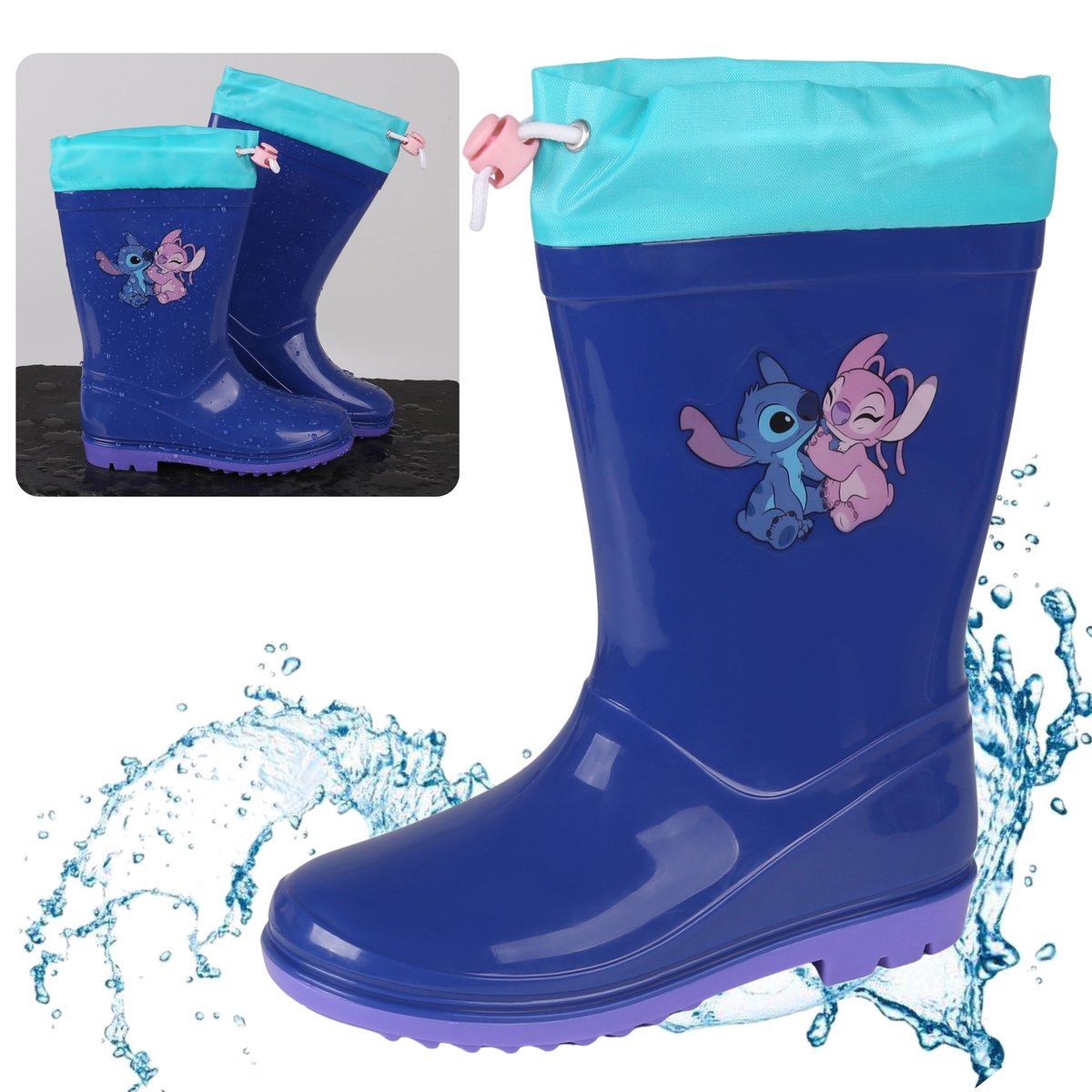 DISNEY Stitch Dzieci��ce kalosze ze ��ci��gaczem ��� wodoodporne buty na deszcz z antypo��lizgow�� podeszw��, niebieskie 29 EU