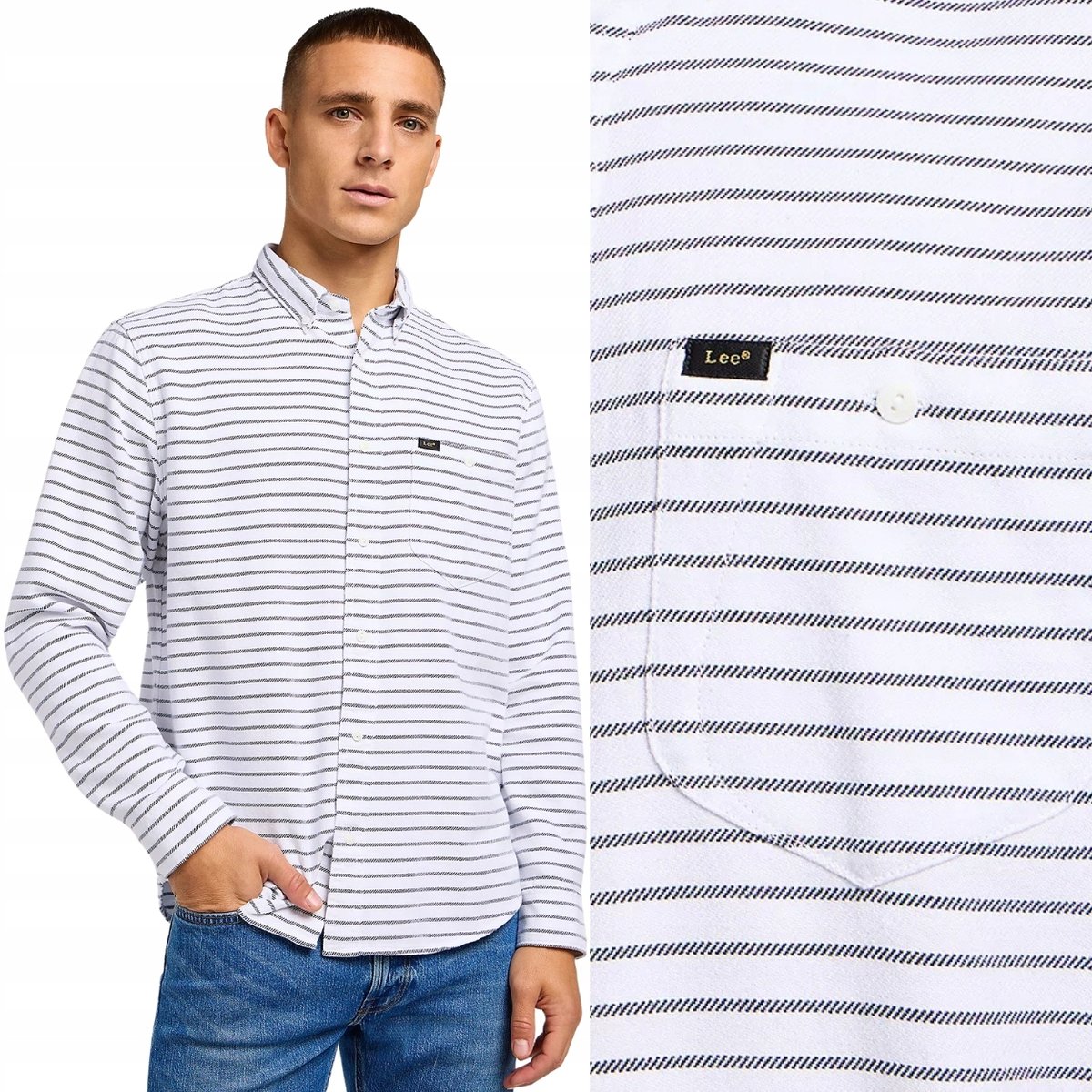 Lee RIVETED SHIRT Charcoal LUŹNA BIAŁA BAWEŁNIANA KOSZULA W PASKI L