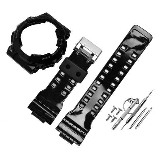 2W1 opaska pasek + etui BEZEL do Casio G-SHOCK GA-100 GA-110 GD-100 G-8900 czarna glossy (czarny napis; srebrna klamra)