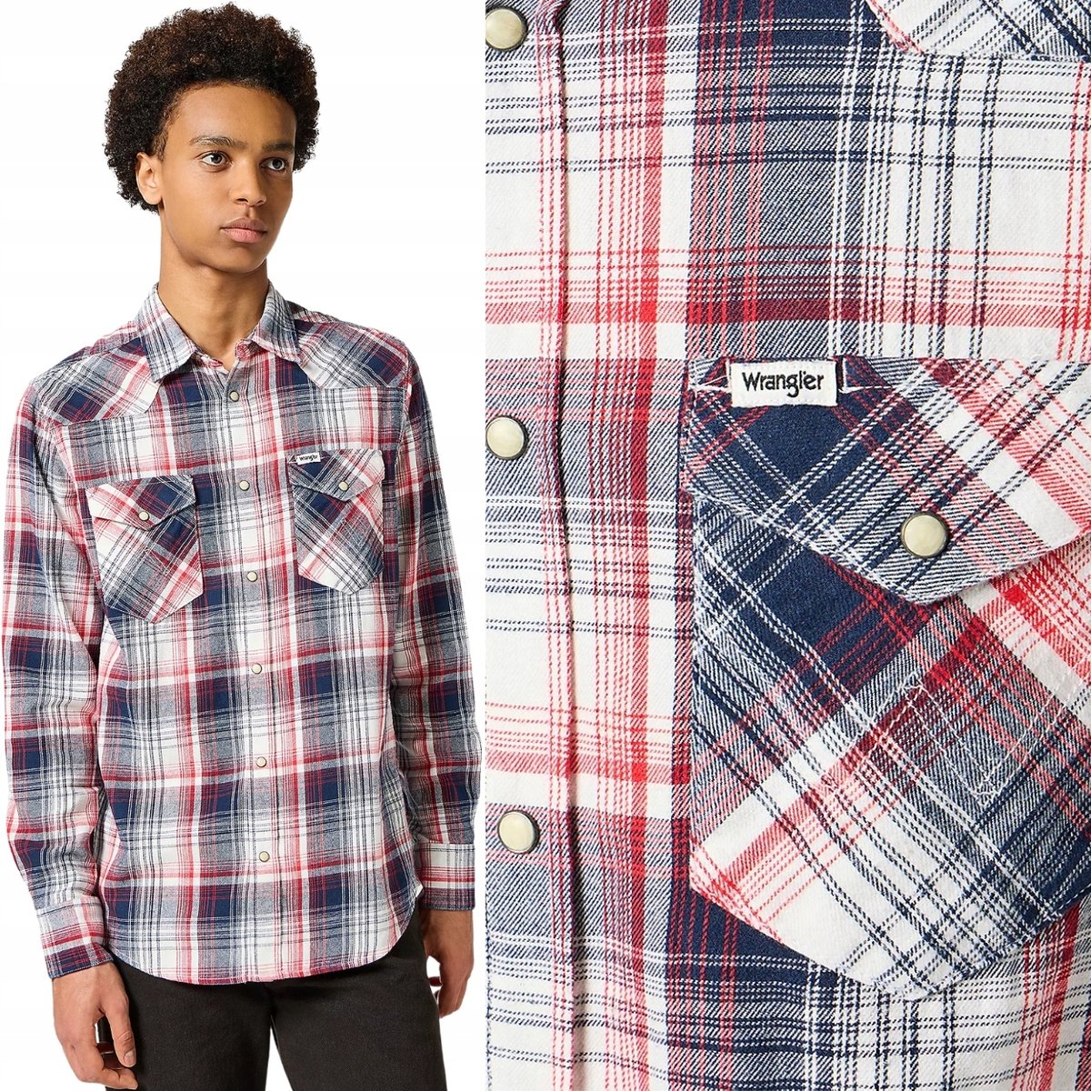 Wrangler WESTERN SHIRT Red Blue BAWEŁNIANA KOSZULA W KRATĘ REGULAR FIT M