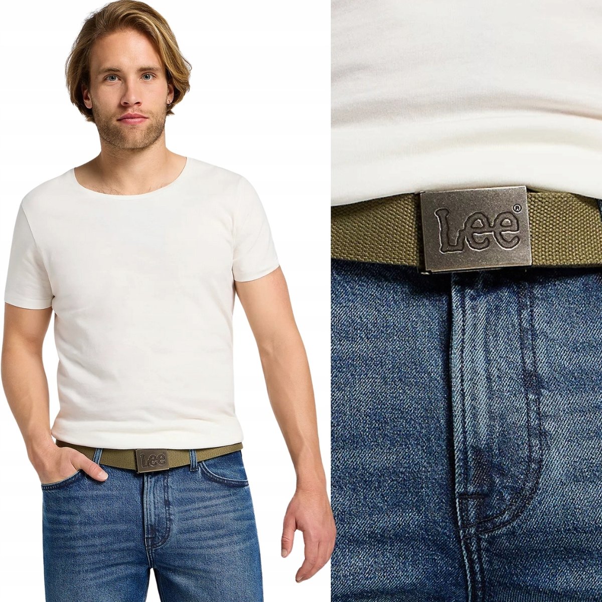 Lee WEBBING BELT Mercantile ZIELONY PASEK PEŁNA KLAMRA Z LOGO Rozm. 85 cm