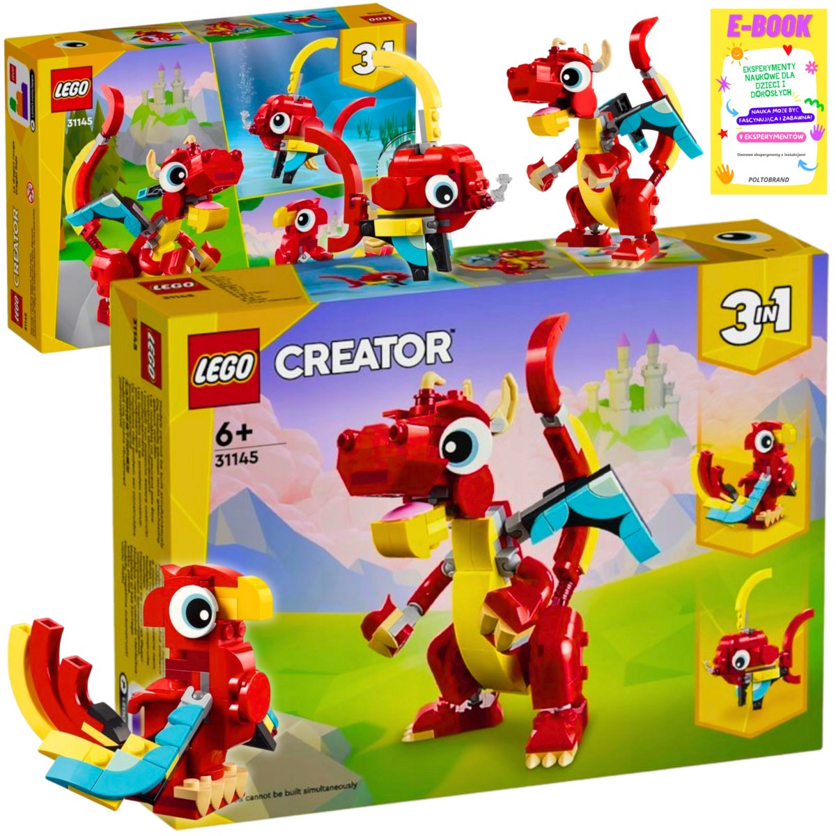 LEGO KLOCKI CREATOR 3 W 1 CZERWONY SMOK FENIKS RYBA KLOCKI PREZENT 31145 + EBOOK