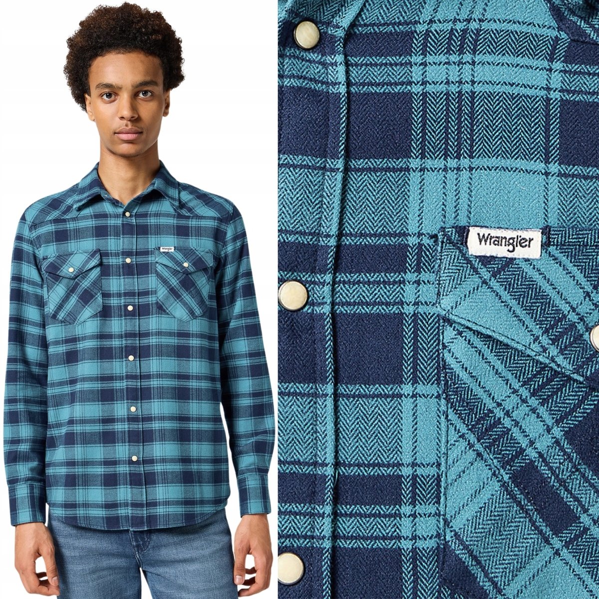 Wrangler FLANNEL WESTERN SHIRT Blue Storm BAWEŁNIANA KOSZULA W KRATĘ M