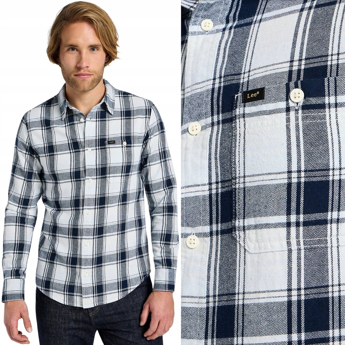 Lee LEESURE SHIRT Cloud NIEBIESKA BAWEŁNIANA KOSZULA W KRATĘ FLANELA S