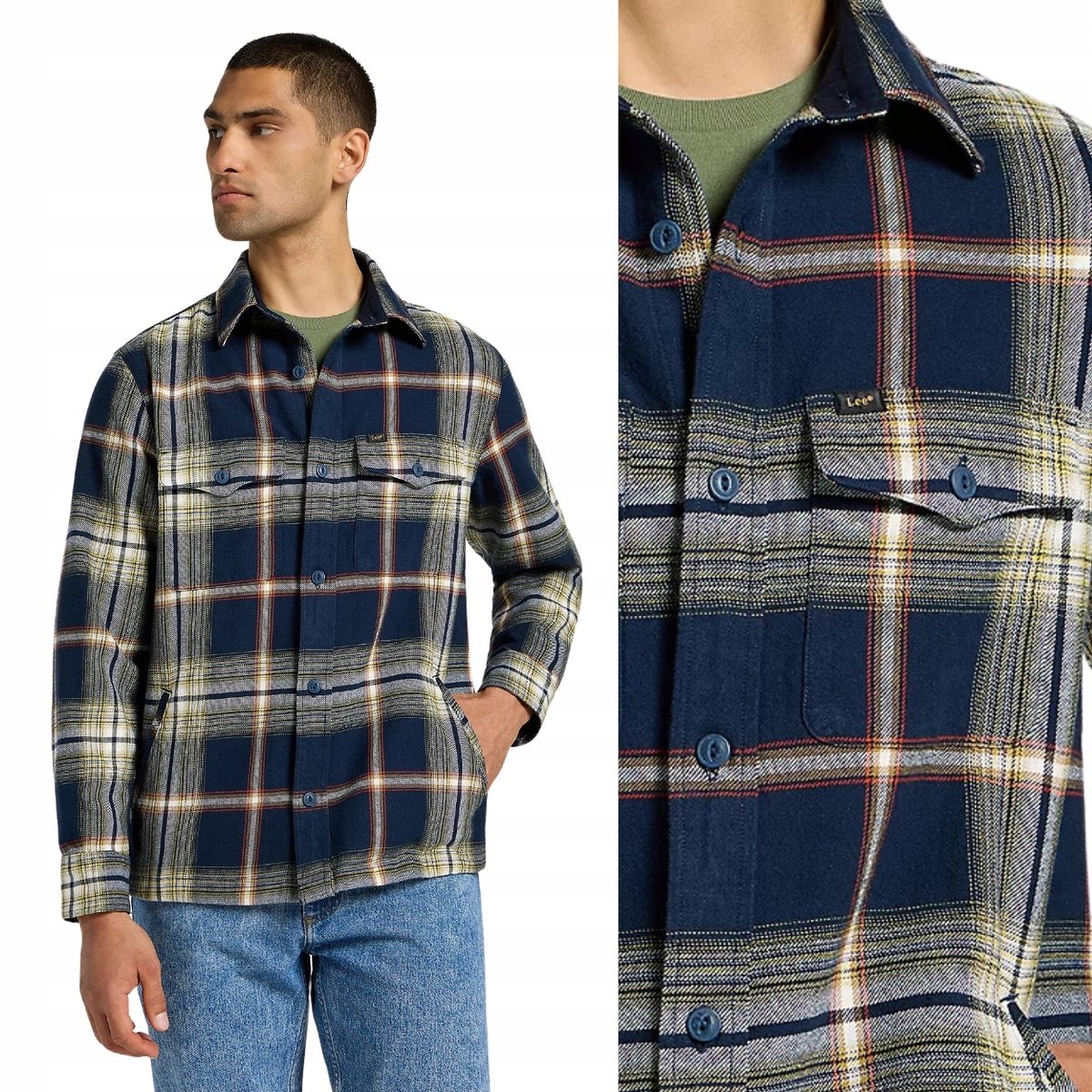 Lee FLAP POCKET OVERSHIRT Navy BAWEŁNIANA KOSZULA KURTKA KATANA W KRATĘ L