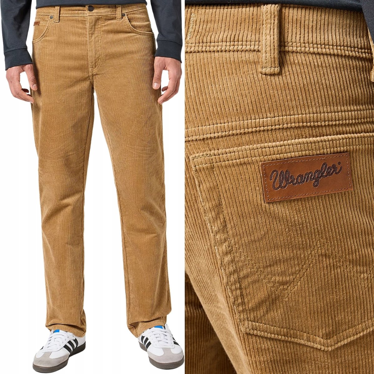 Wrangler TEXAS Tigers Eye KLASYCZNE BEŻOWE PROSTE SPODNIE SZTRUKSY W42 L32