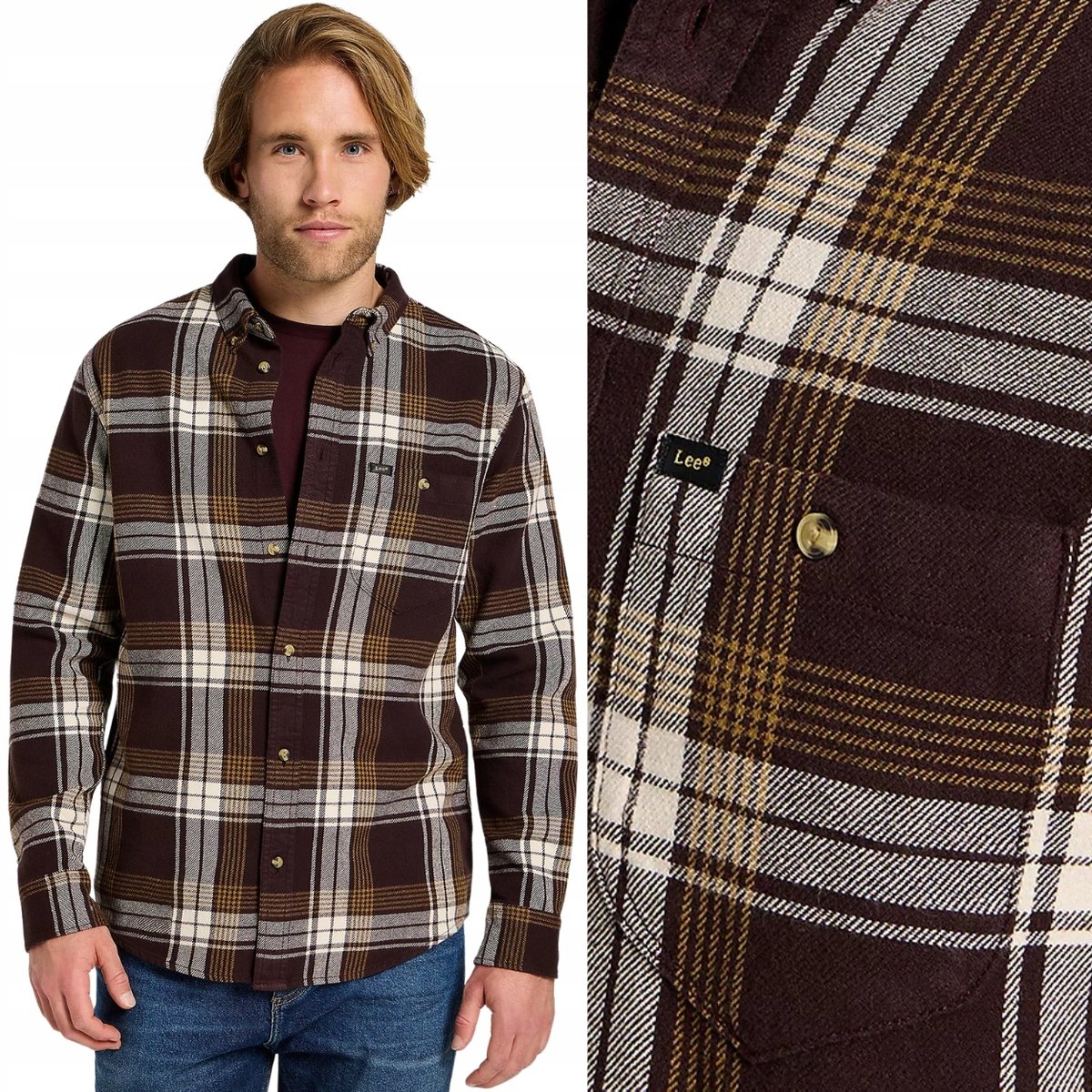 Lee RIVETED SHIRT Beet LUŹNA BAWEŁNIANA BRĄZOWA KOSZULA W KRATĘ FLANELA XL