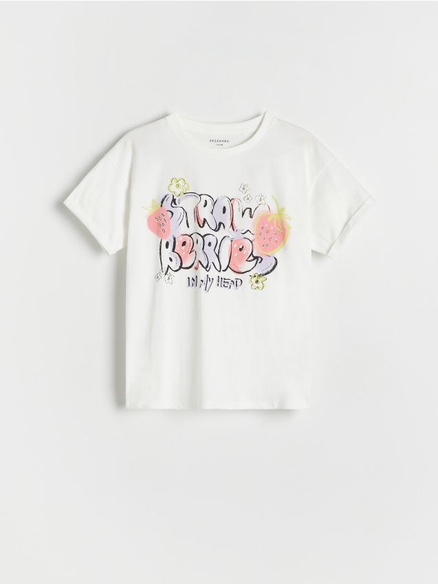 Reserved - Bawełniany t-shirt z nadrukiem - złamana biel