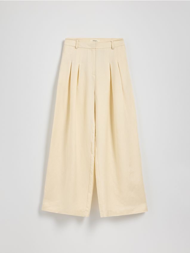 Reserved - Szerokie spodnie z lnem - kremowy