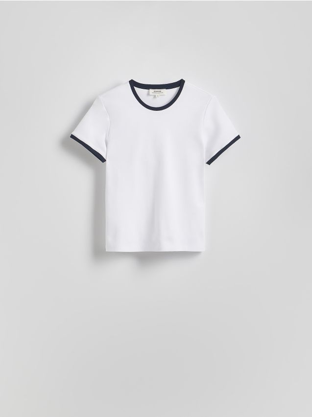 Reserved - T-shirt z kontrastową lamówką - biały