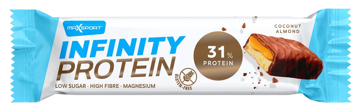 Baton Proteinowy Z Karmelem, Kokosem I Migda��ami W Mlecznej Czekoladzie Bezglutenowy 55 g - Maxsport