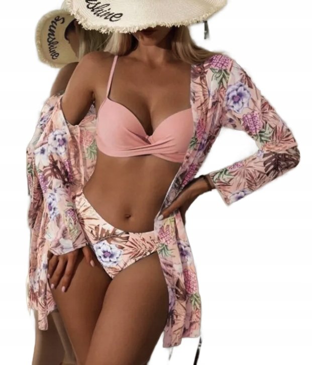 STR��J K��PIELOWY BIKINI Z PAREO KWIATY BIUSTONOSZ PUSH UP WYSOKI STAN L