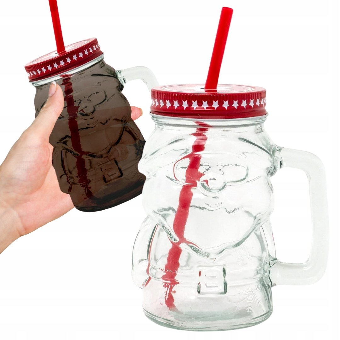 Szklana Butelka Świąteczna Mikołaj 300ml Szklanka Mikołajki Ze Słomką Słoik