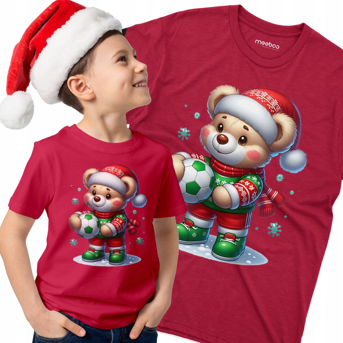 KOSZULKA DZIECIĘCA Świąteczna Miś Piłkarz z Czapką Mikołaja Prezent