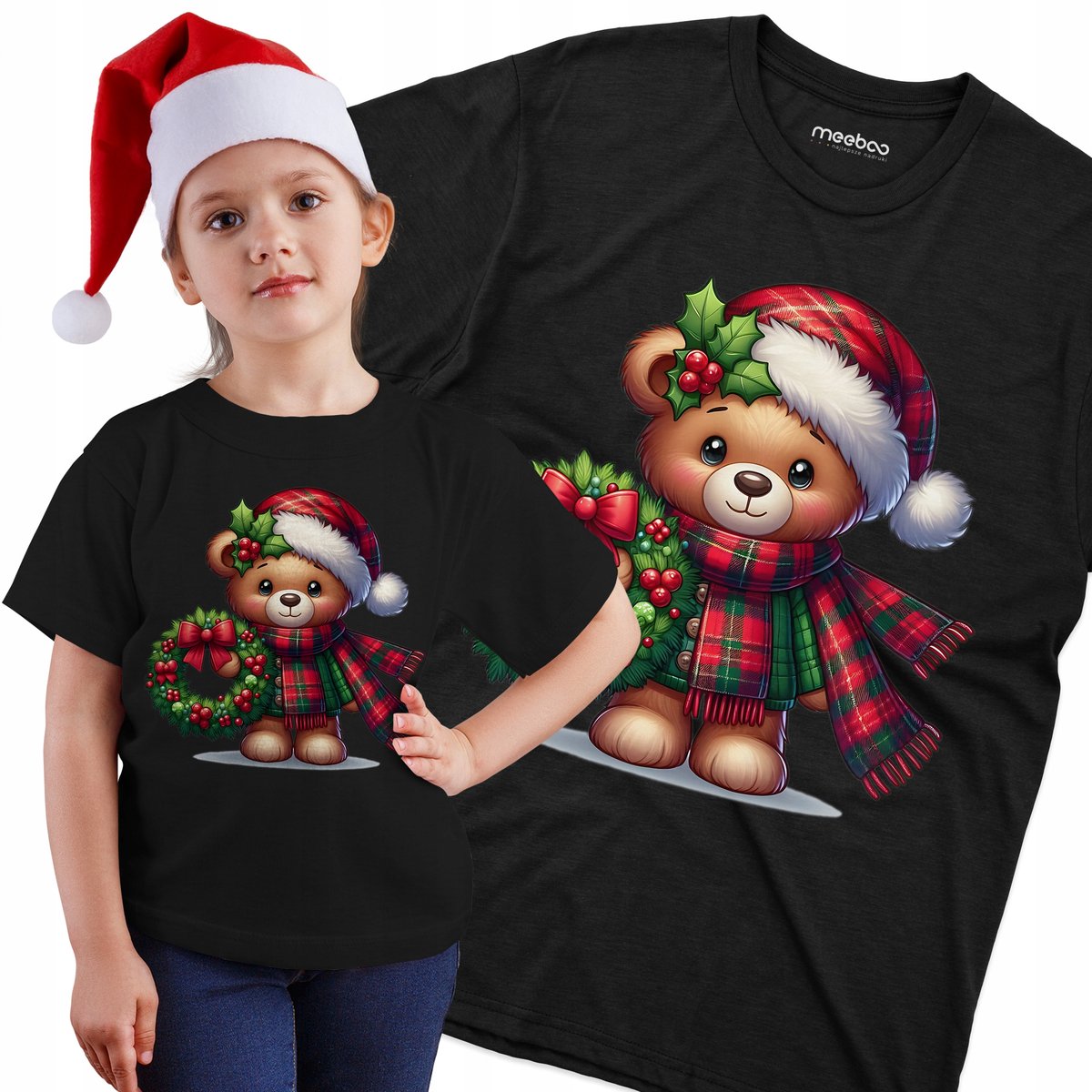 KOSZULKA DZIECIĘCA Miś w Czapce i Szaliku ze Stroikiem Świątecznym