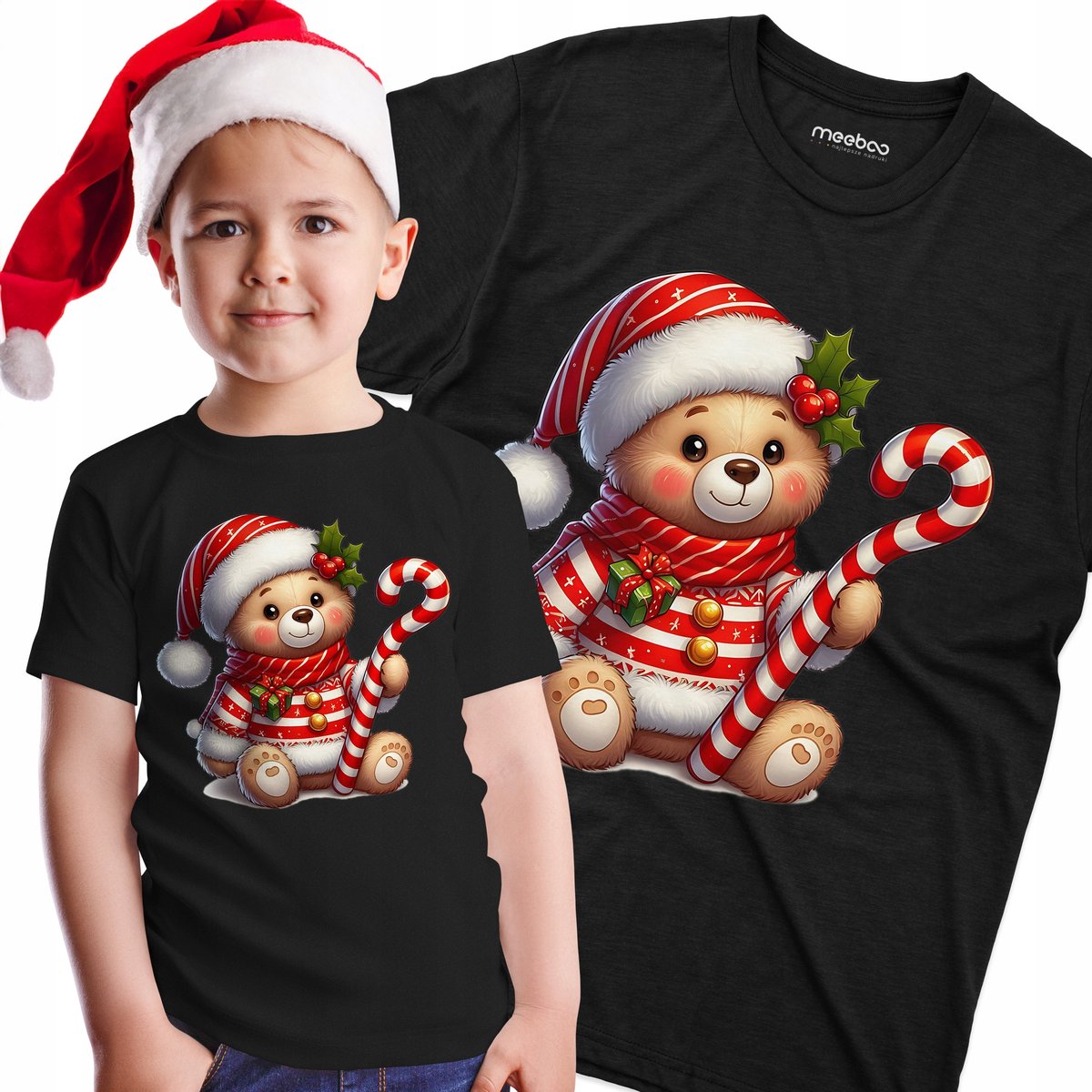 KOSZULKA T-shirt DZIECIĘCA Miś w Czapce i Szaliku z Cukrową Laską Prezent