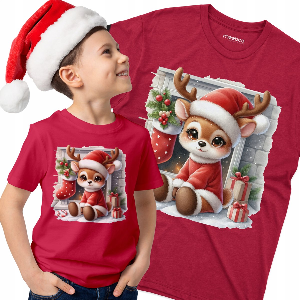 KOSZULKA Świąteczna DZIECIĘCA Reniferek w Czapce Mikołaja przy Kominku