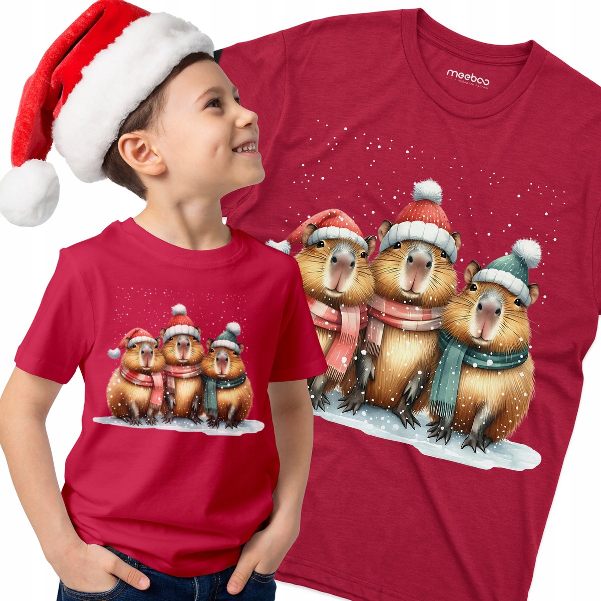 Koszulka Dziecięca Kapibary w Czapkach Zimowych i Śniegu Pod Choinkę