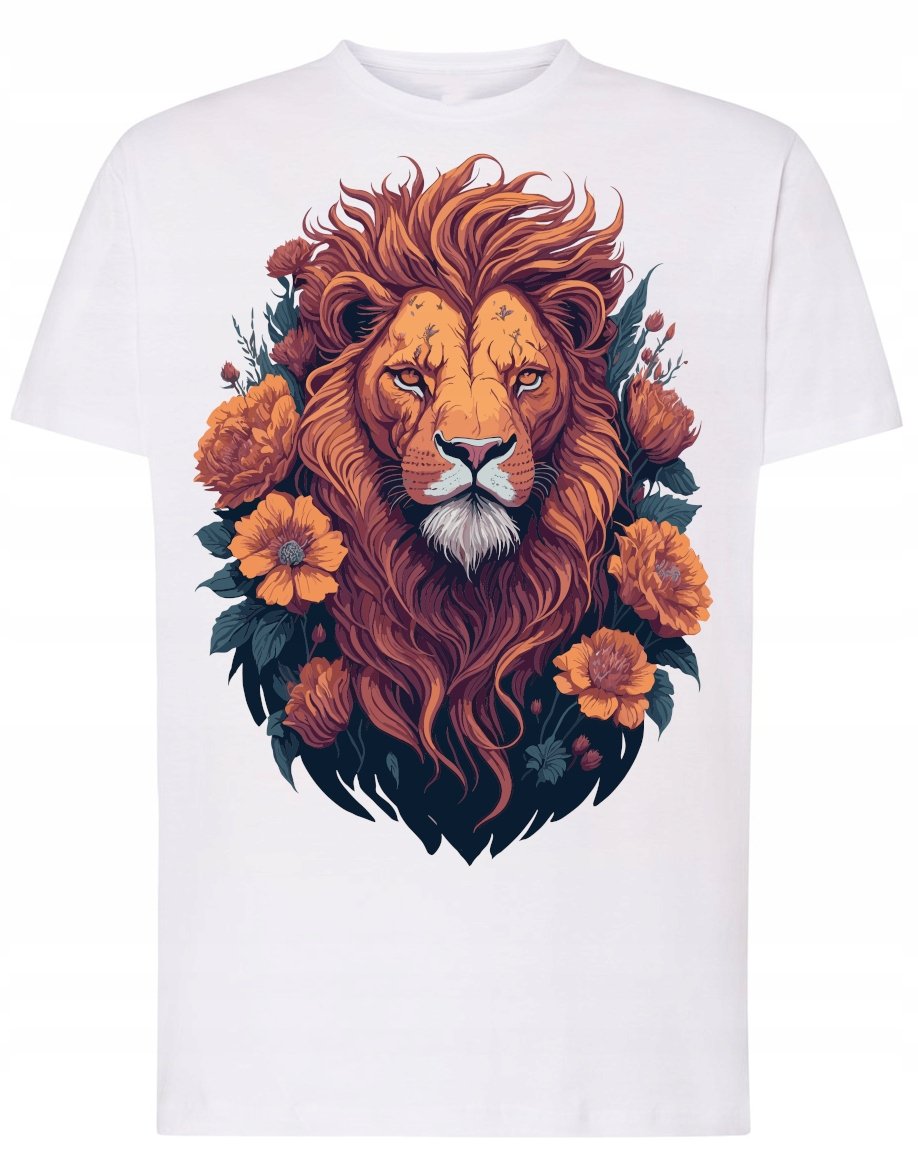 Męski T-shirt Lew Kwiaty Modny Nadruk Cudowny r.L