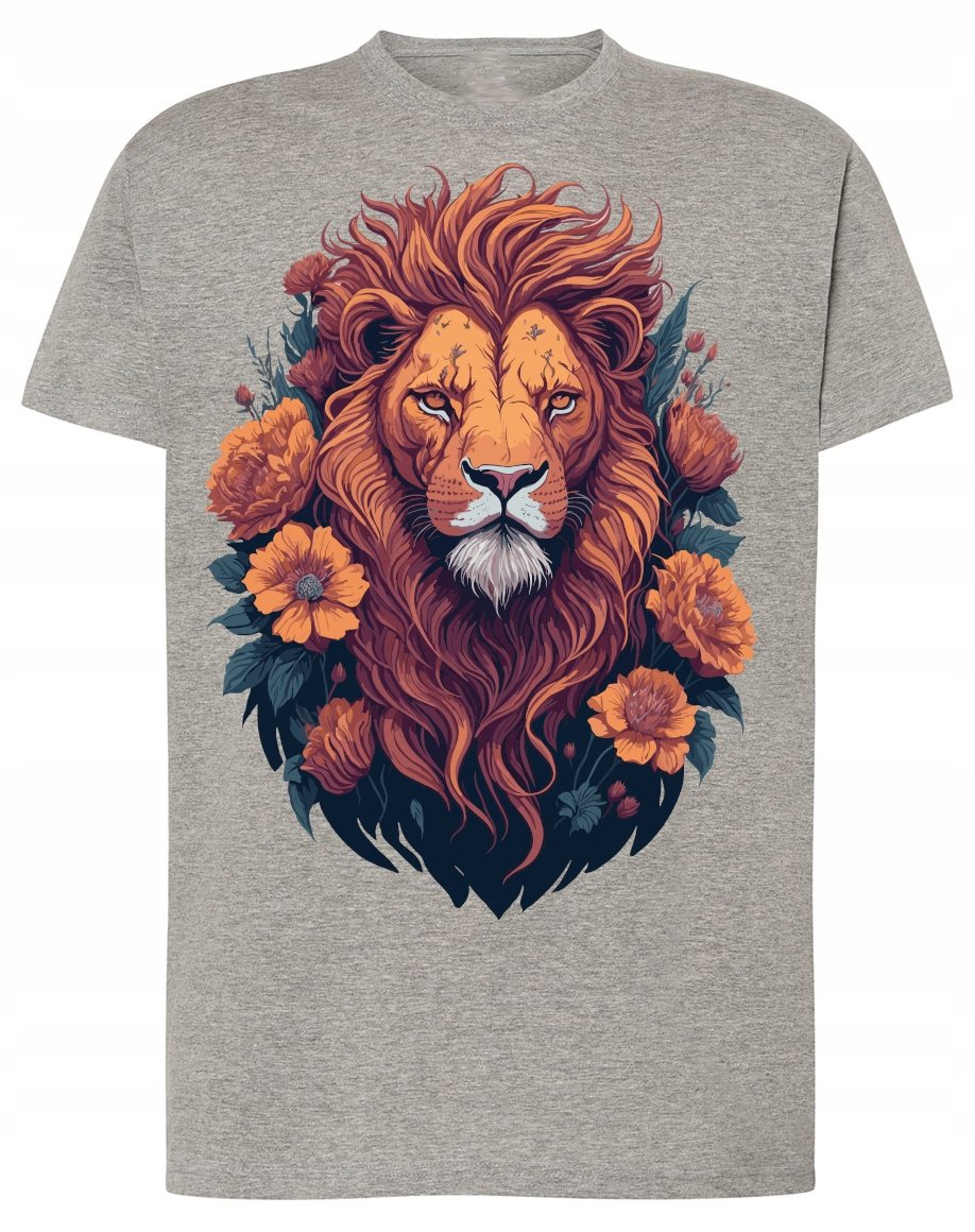 Męski T-shirt Lew Kwiaty Modny Nadruk Cudowny r.XS