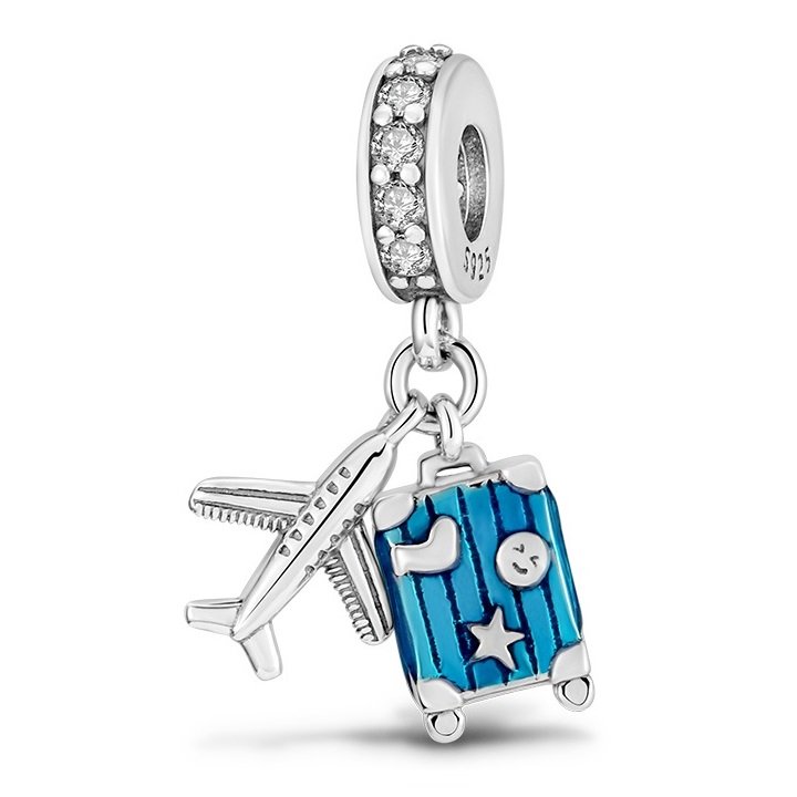 Zawieszka Charms SREBRO 925 Koralik do PANDORA Samolot Niebieska Walizka Podróż