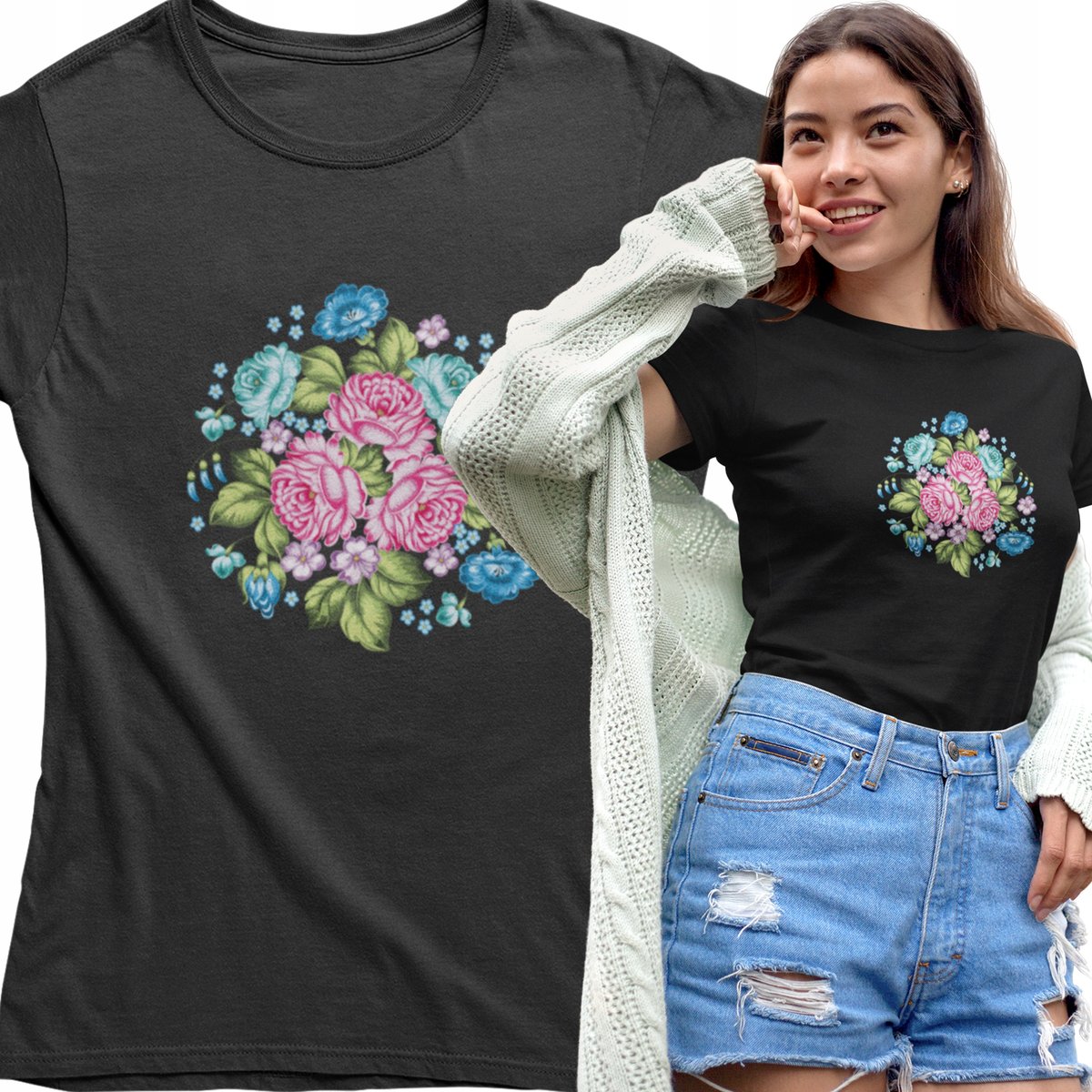 Koszulka dla niej FOLKOWA wiosenny kwiat prezent na dzień MAMY BABCI KOBIET