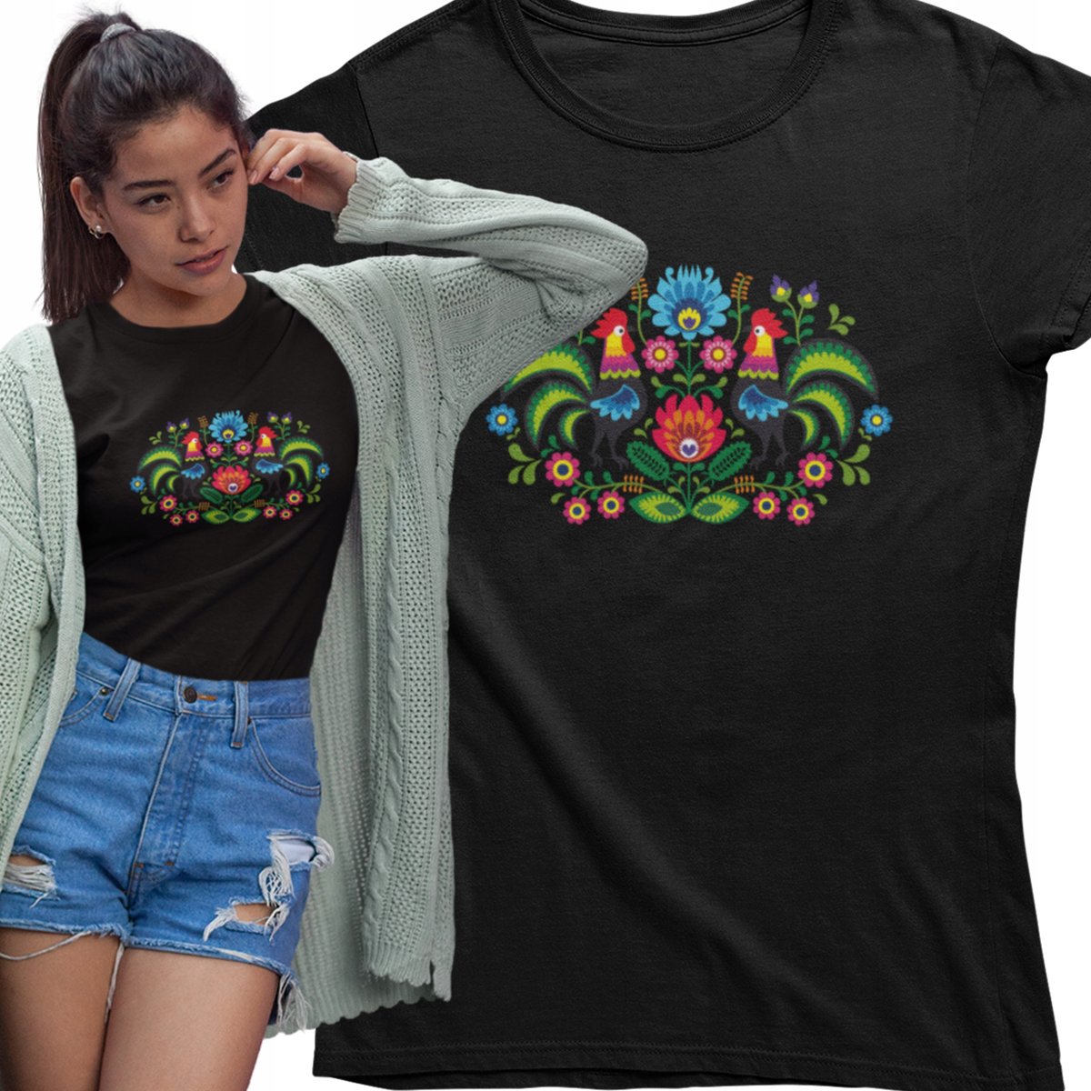 Koszulka FOLKOWA wiosenna koguty prezent dla Niej dzień MAMY BABCI KOBIET