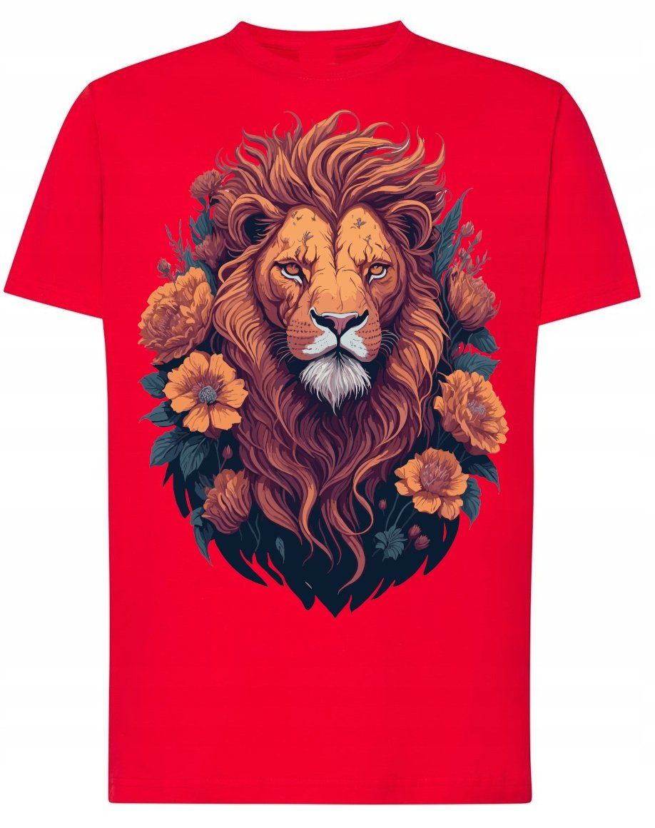 Męski T-shirt Lew Kwiaty Modny Nadruk Cudowny r.4XL
