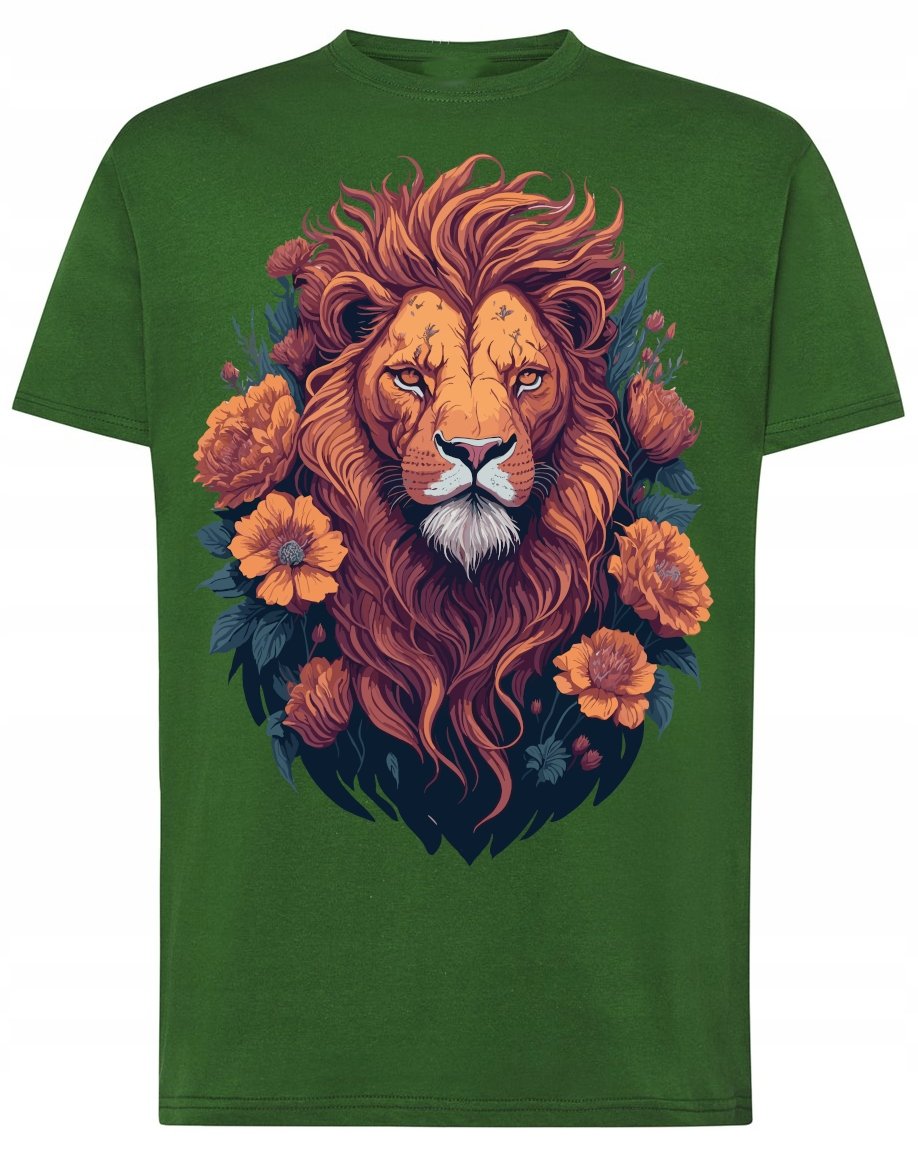 Męski T-shirt Lew Kwiaty Modny Nadruk Cudowny r.4XL