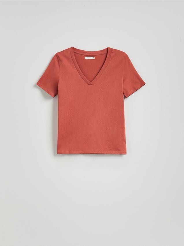 Reserved - T-shirt regular z dekotem V - miedziany
