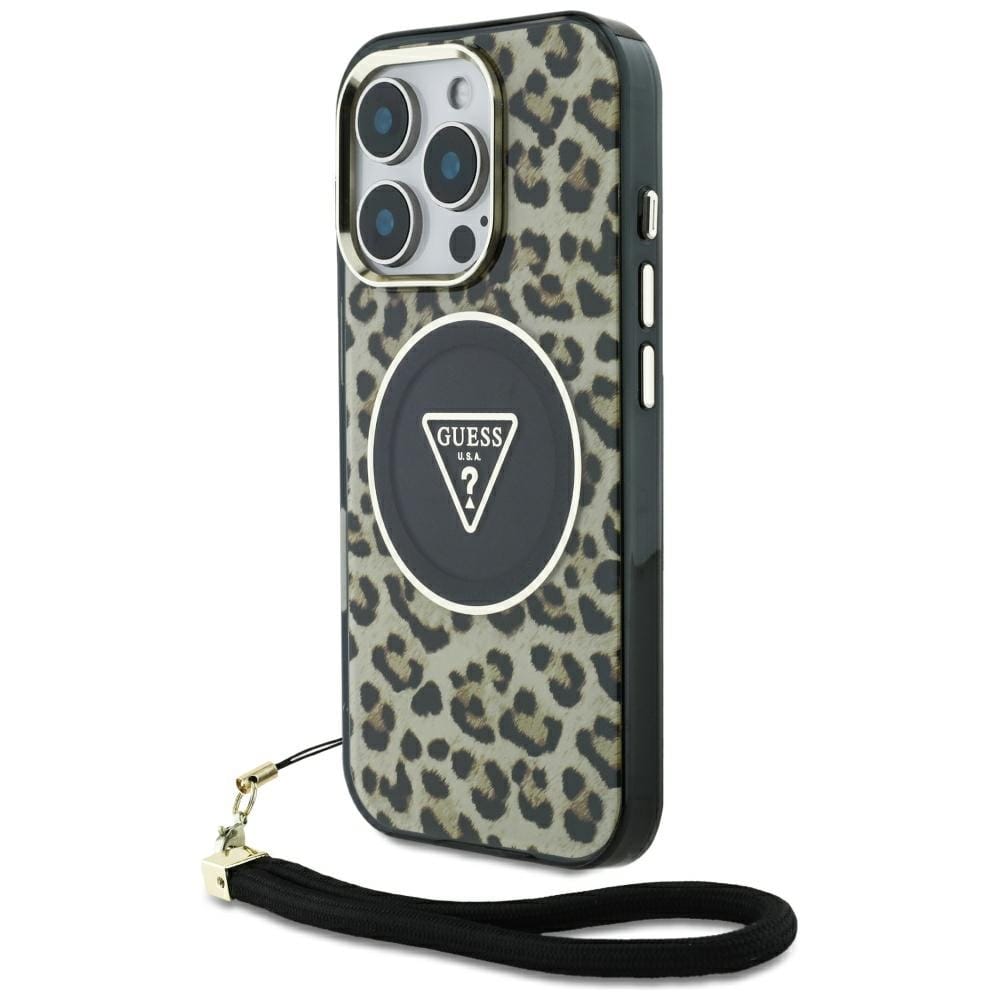 Etui Guess HC IML Leopard Triangle Cord Strap do iPhone 16 Pro MagSafe brązowy