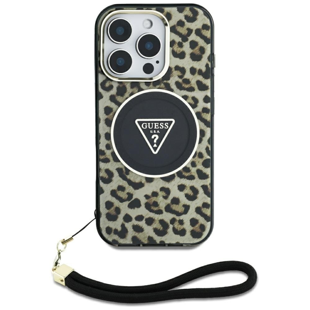 Etui Guess HC IML Leopard Triangle Cord Strap do iPhone 16 MagSafe brązowy