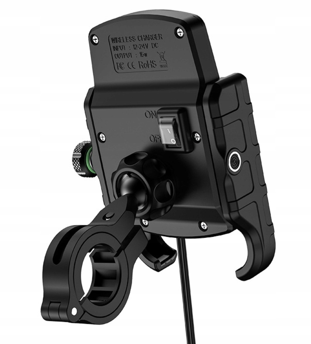 Uchwyt na telefon motocyklowy ładowanie indukcyjne indukcja qi imadło mocny