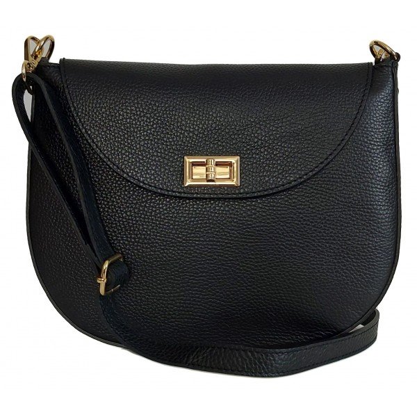 Włoska skórzana listonoszka podkówka Vera Pelle , pojemna złote okucia Czarna VPP38N