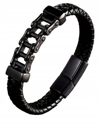 MĘSKA BRANSOLETKA ŁAŃCUCH MOTOCYKLOWY SKÓRA 19CM
