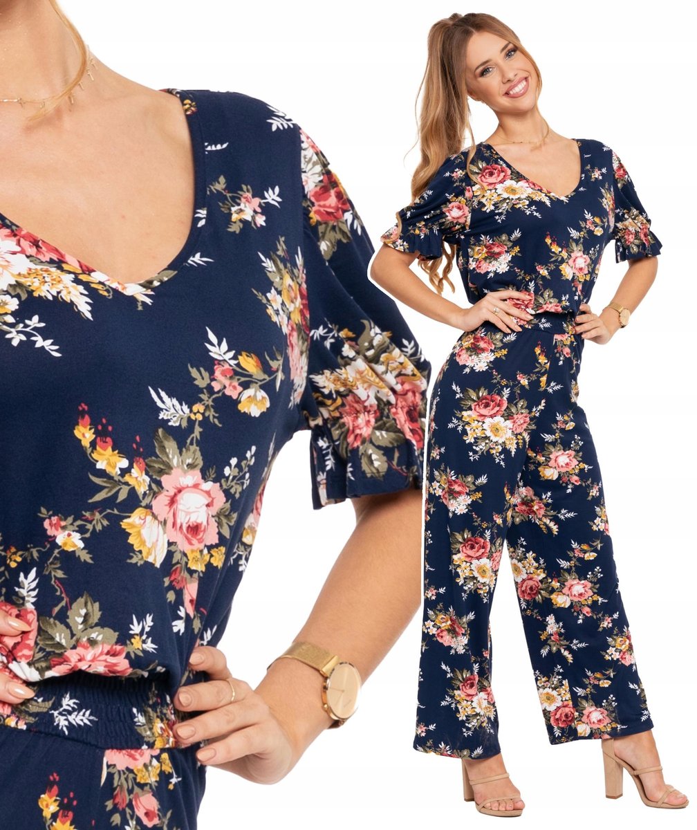 KOMBINEZON DAMSKI Letni Długie Szerokie Spodnie Wygodny w Kwiaty MORAJ XXL